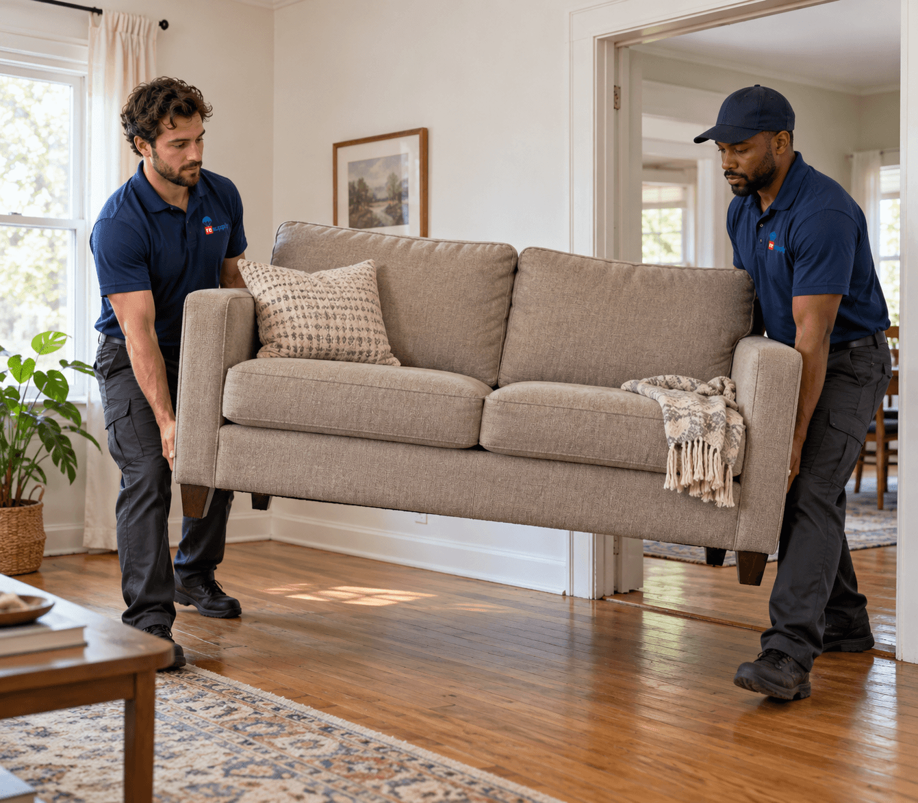 ReSupply pickup team carrying a donated sofa out of a home